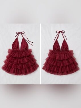 Women's Burgundy Ruffled Tulle Babydoll Nightdress